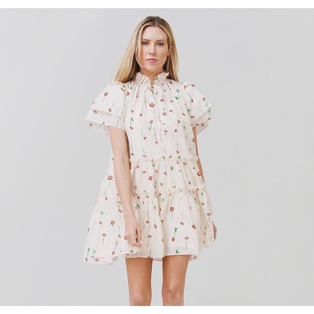 $425 Hunter Bell Merritt Flutter Sleeve Ruffle Mini Dress Sz S Cotton Silk Blend